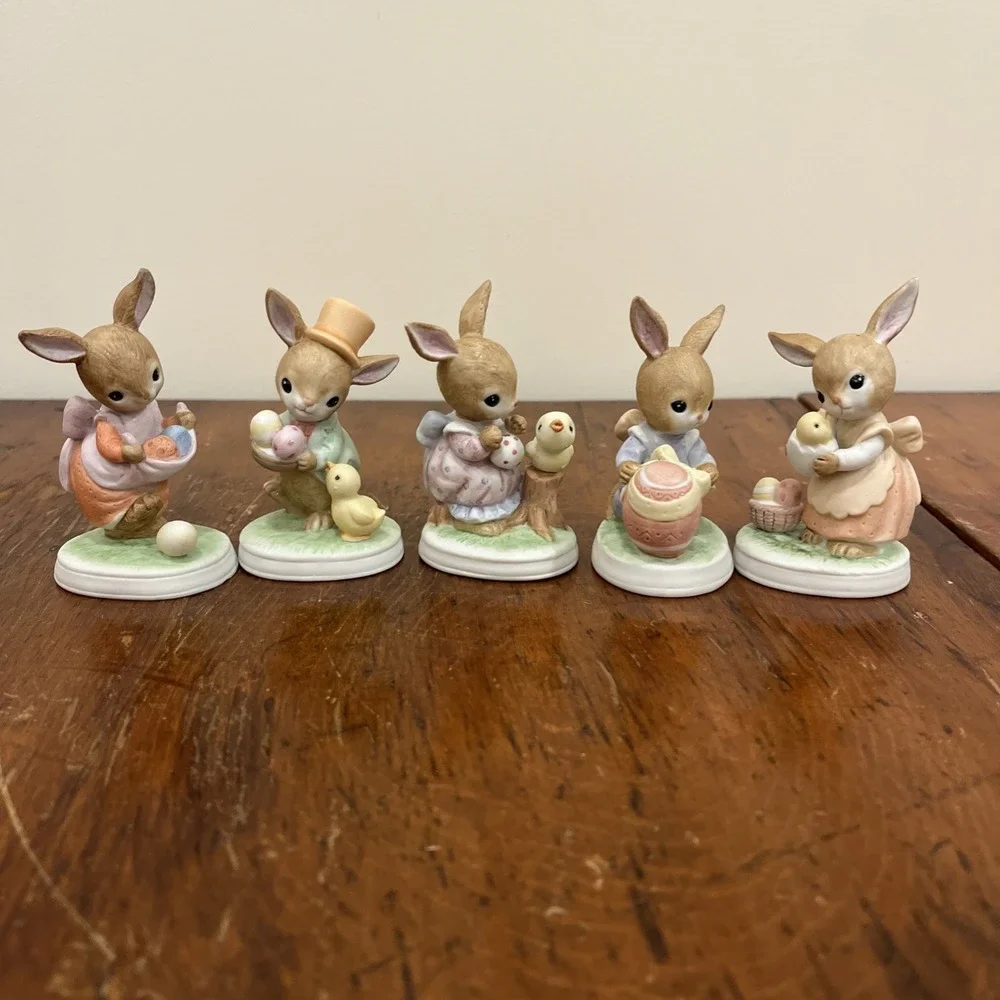 Vtg 5 1980's Lefton Boy and Girl Bunnies Bunny Easter Eggs Figurines #03500